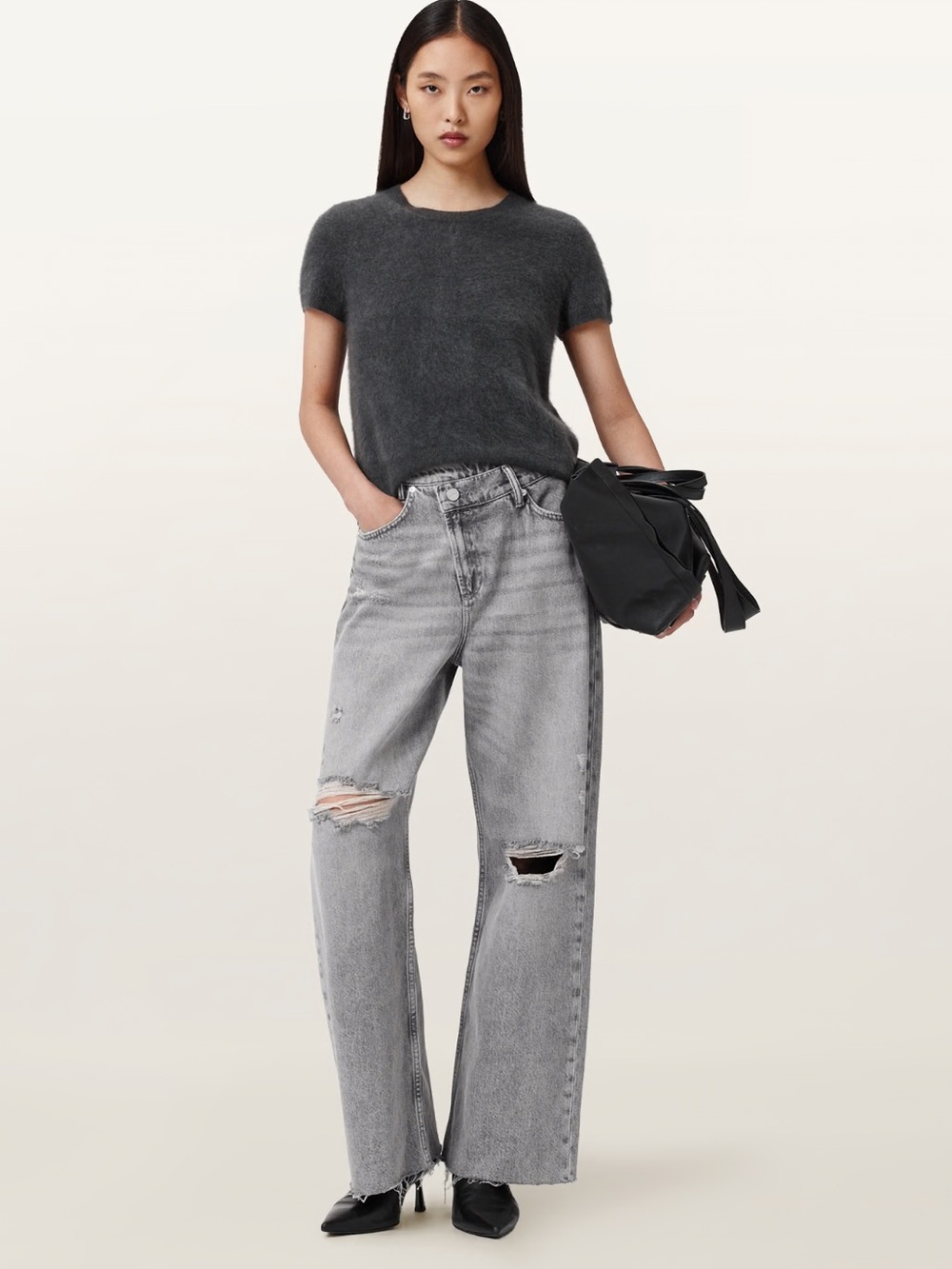 AllSaints Aki Crossover Wide Leg Jeans Destroy Grey Size 27